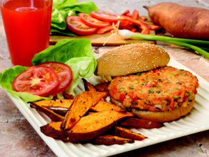 Salmon Burgers and Sweet Potato Oven Fries