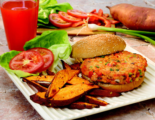 Salmon Burgers and Sweet Potato Oven Fries