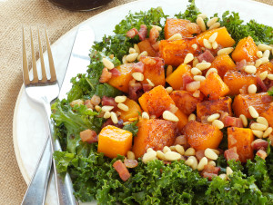 Warm Kale and Butternut Squash Salad with Pancetta and Toasted Pine Nuts