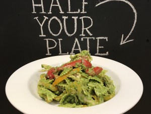 Arugula Pesto Pasta with Rotisserie Chicken & Melted Bell Peppers