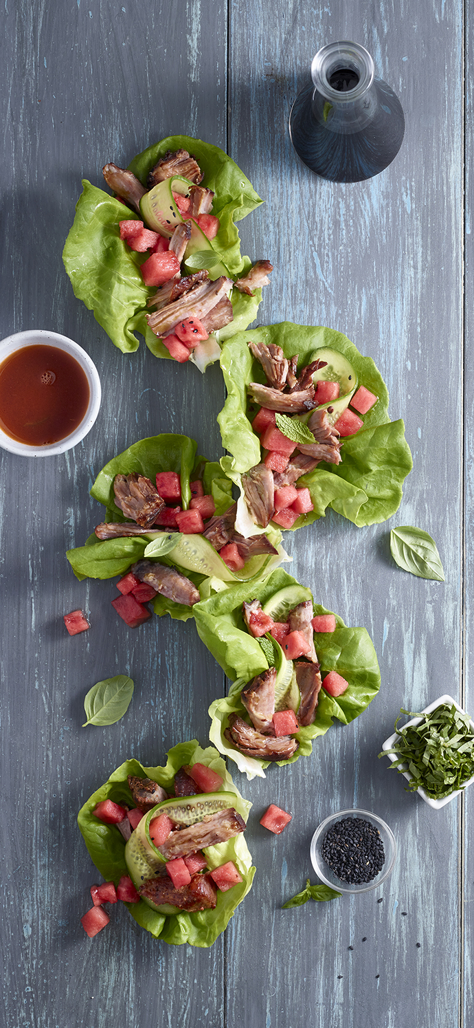 Lettuce Wraps with watermelon and pork